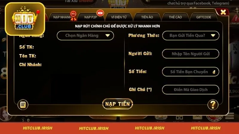 Hướng dẫn quy trình nạp tiền đơn giản tại Hitclub