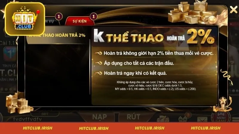 Khuyến mãi HitClub - K thể thao hoàn trả lên tới 2%